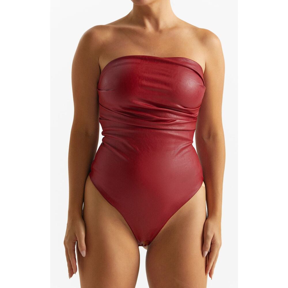 naked wardrobe Strapless Red Faux-Leather Bodysuit